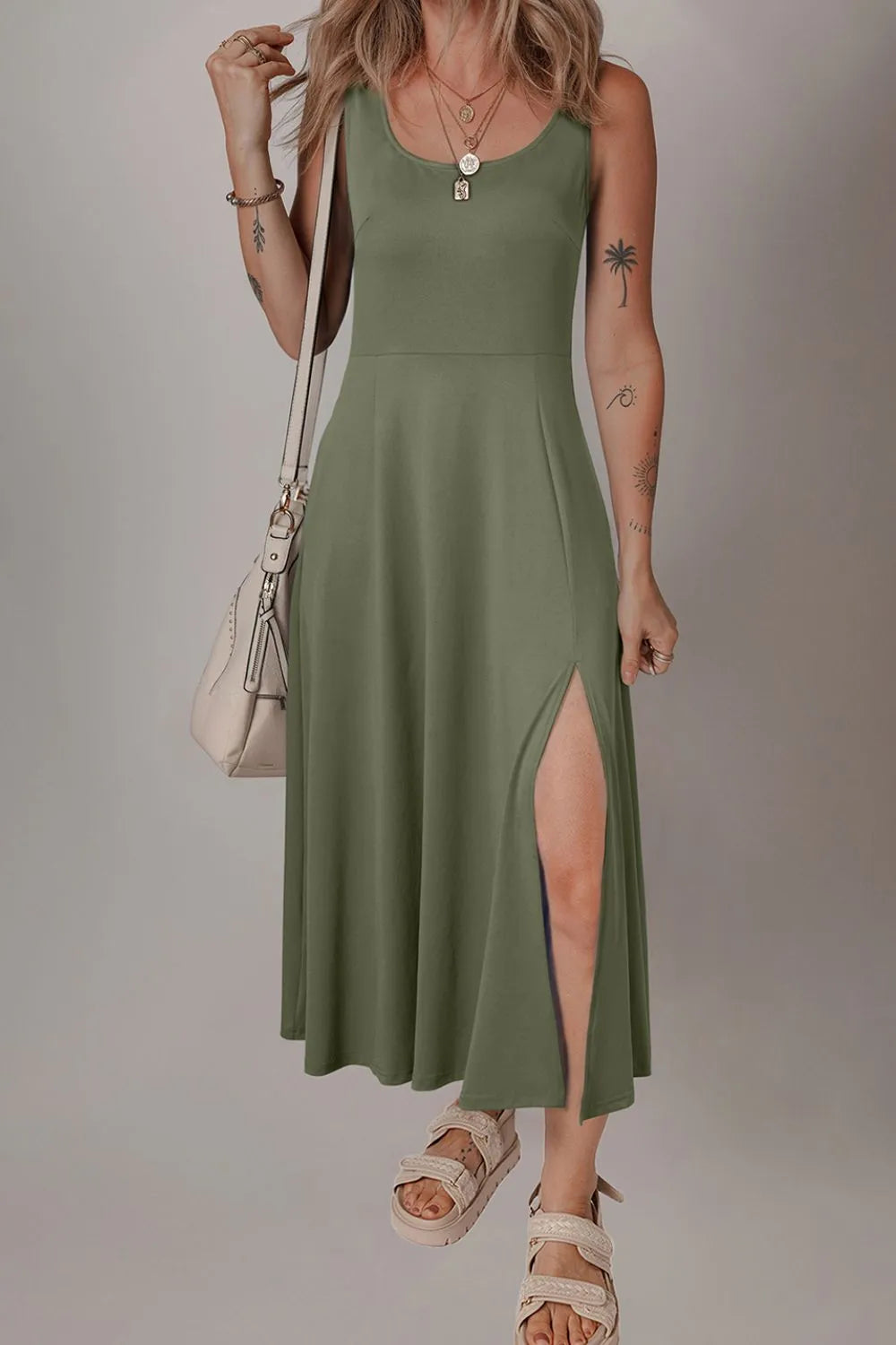 Side Slit Scoop Neck Wide Strap Dress