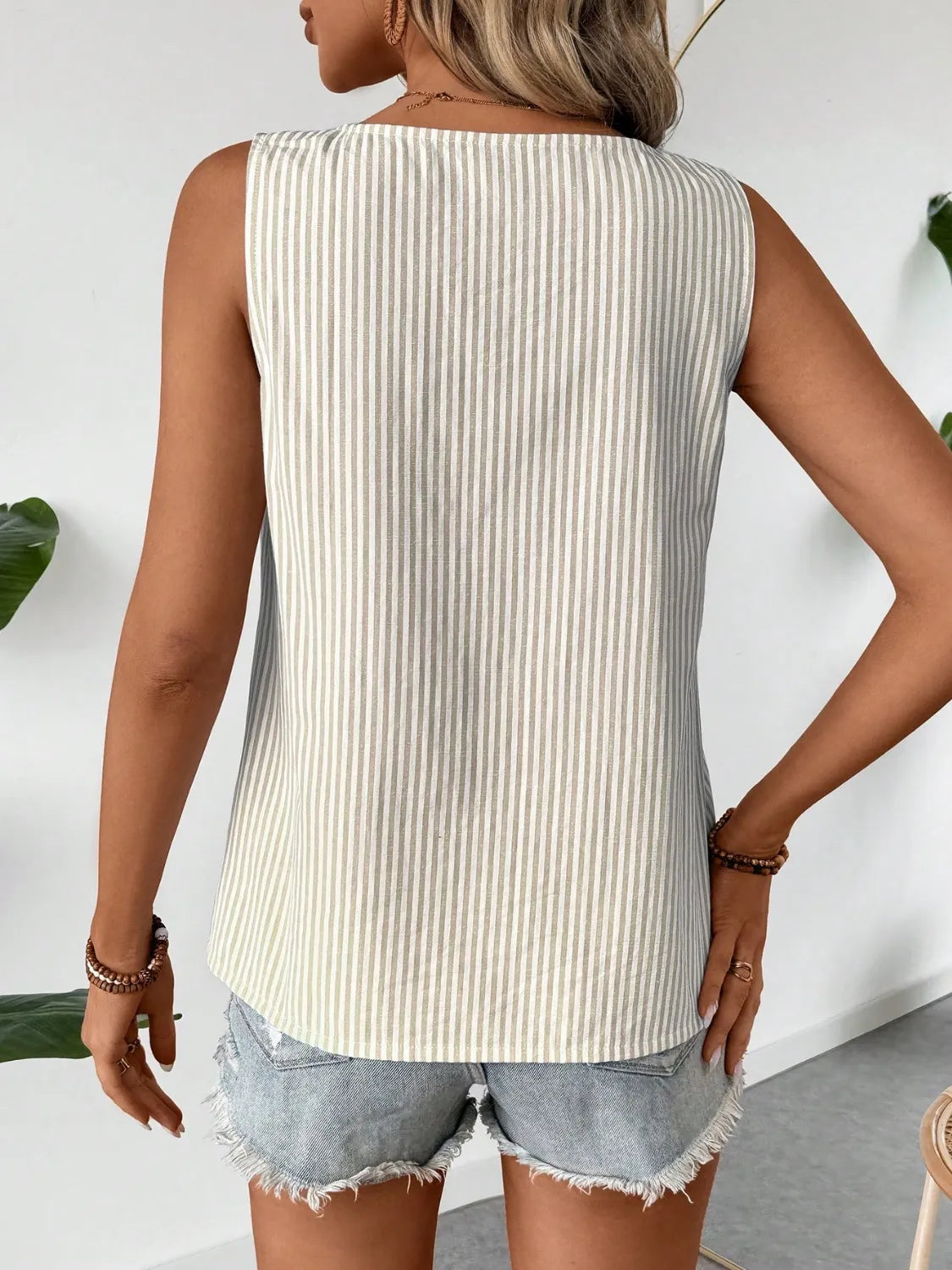 Decorative Button Asymmetrical Striped Tank