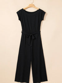 One Shoulder Short Sleeve Knotted Waist Jumpsuit