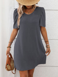 Textured Round Neck Short Sleeve Mini Dress