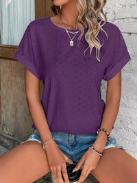 Eyelet Round Neck Short Sleeve T-Shirt
