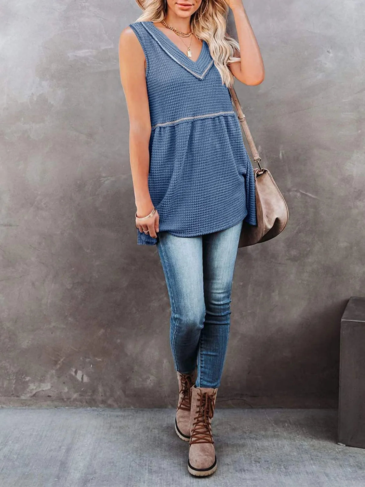 V-Neck Contrast Trim Waffle Knit Tank Top