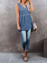 V-Neck Contrast Trim Waffle Knit Tank Top