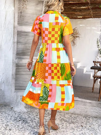 Devine Printed Johnny Collar Button Down Short Sleeve Midi Shirt Dress