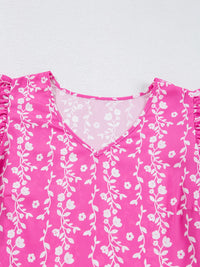 Floral Print Ric-rac Tiered Ruffled V Neck Blouse