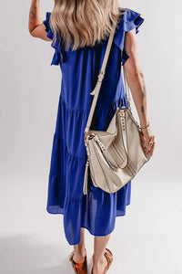 Ruffled Short Sleeve Collared V Neck Tiered Midi Dress