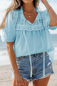 Eyelet Lace Trim Puff Sleeve Blouse