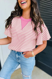 Striped Flounce Sleeve Casual Blouse