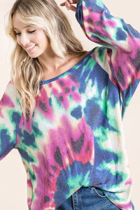 BiBi Tie Dye Print Terry Top with Puff Sleeves