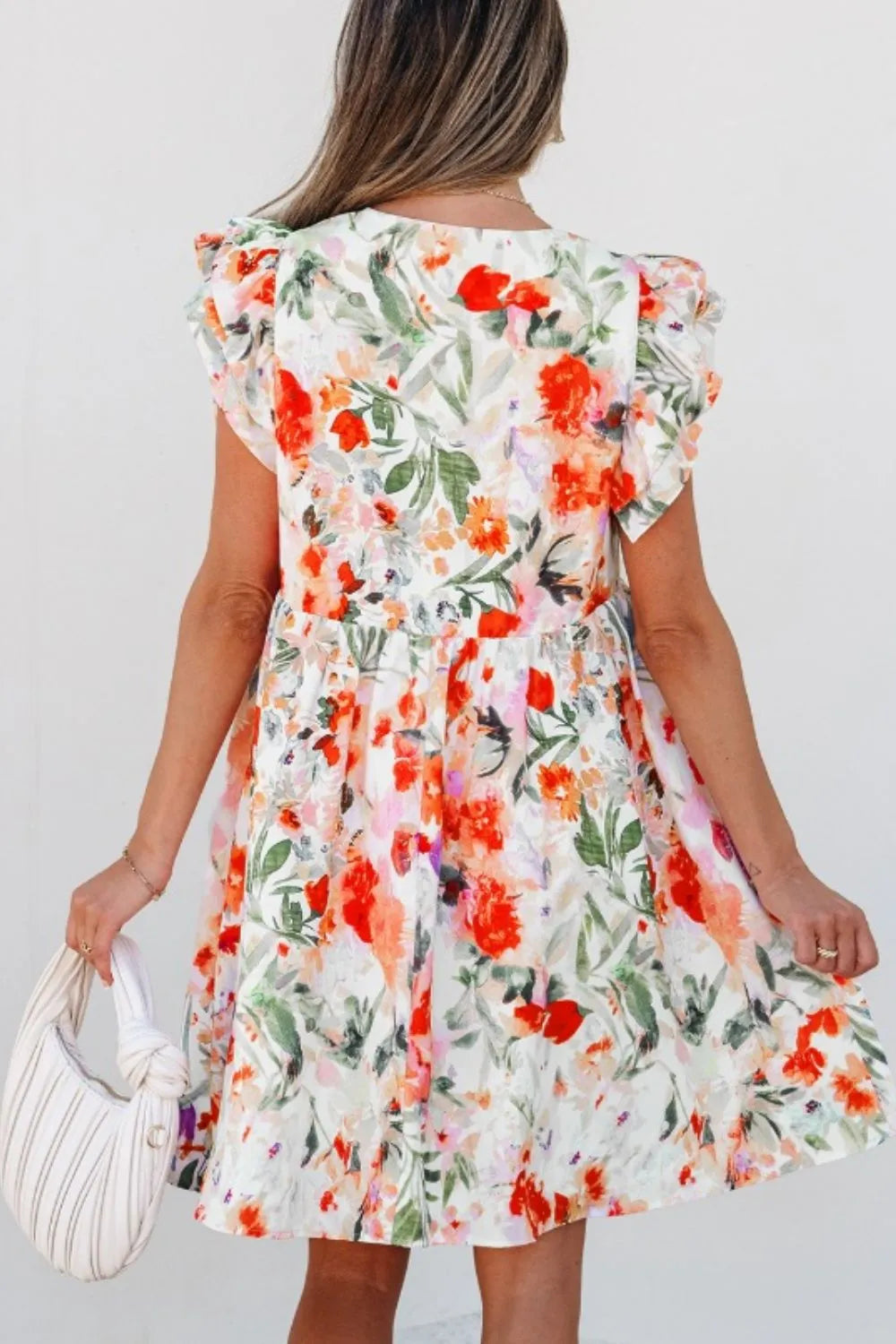 Floral Double Ruffle Sleeve V Neck Mini Dress