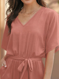 V-Neck Half Sleeve Tie Waist Romper