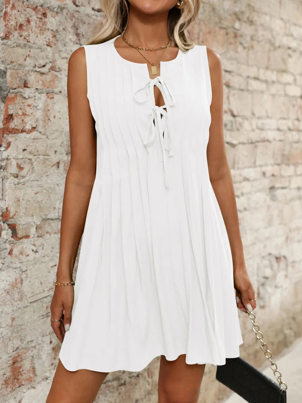 Tied Front Pleated Sleeveless Mini Dress