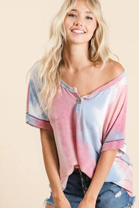BiBi Tie Dye French Terry Top With Buttoned Placket