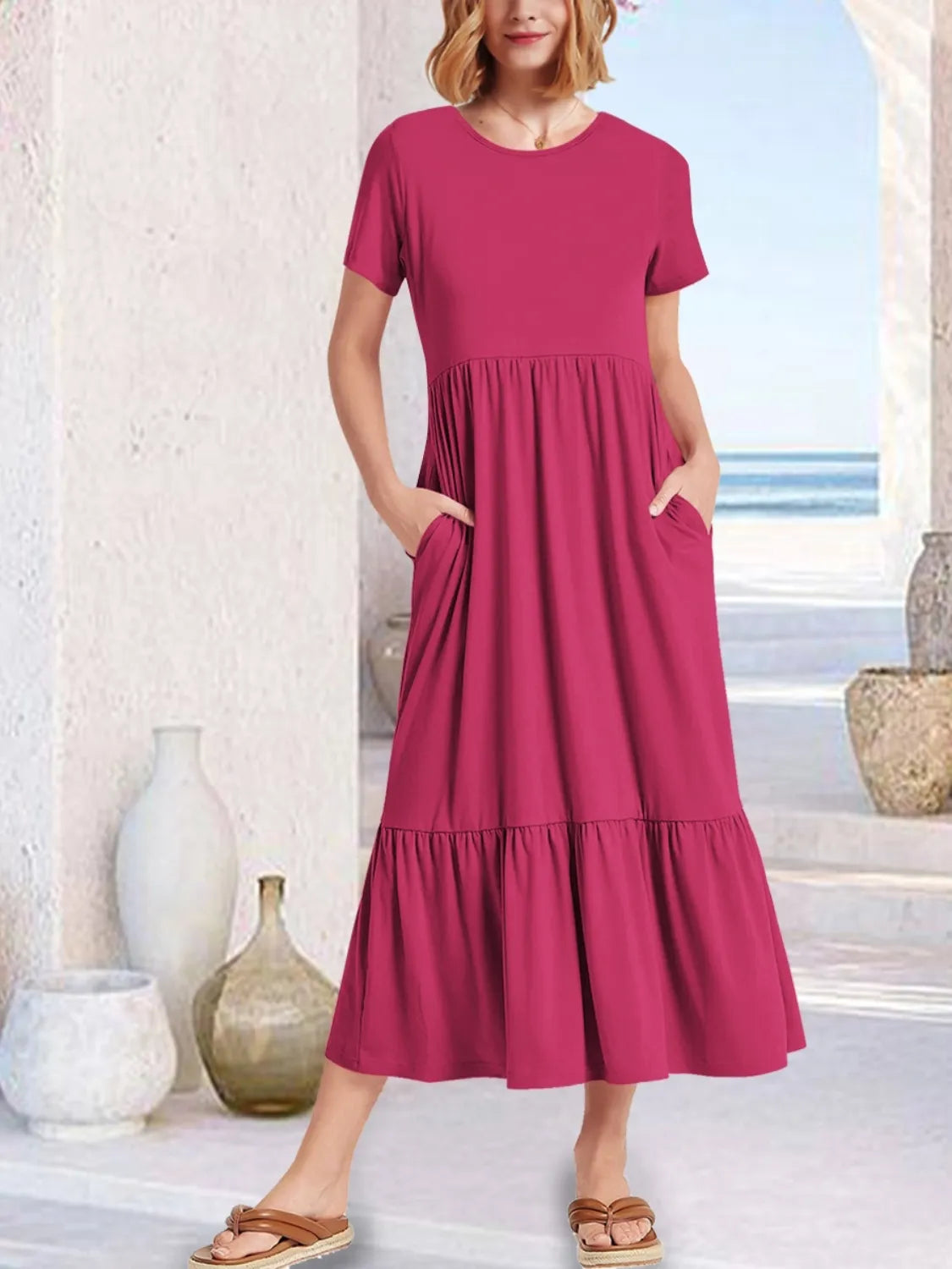Round Neck Short Sleeve Midi Tee Dress