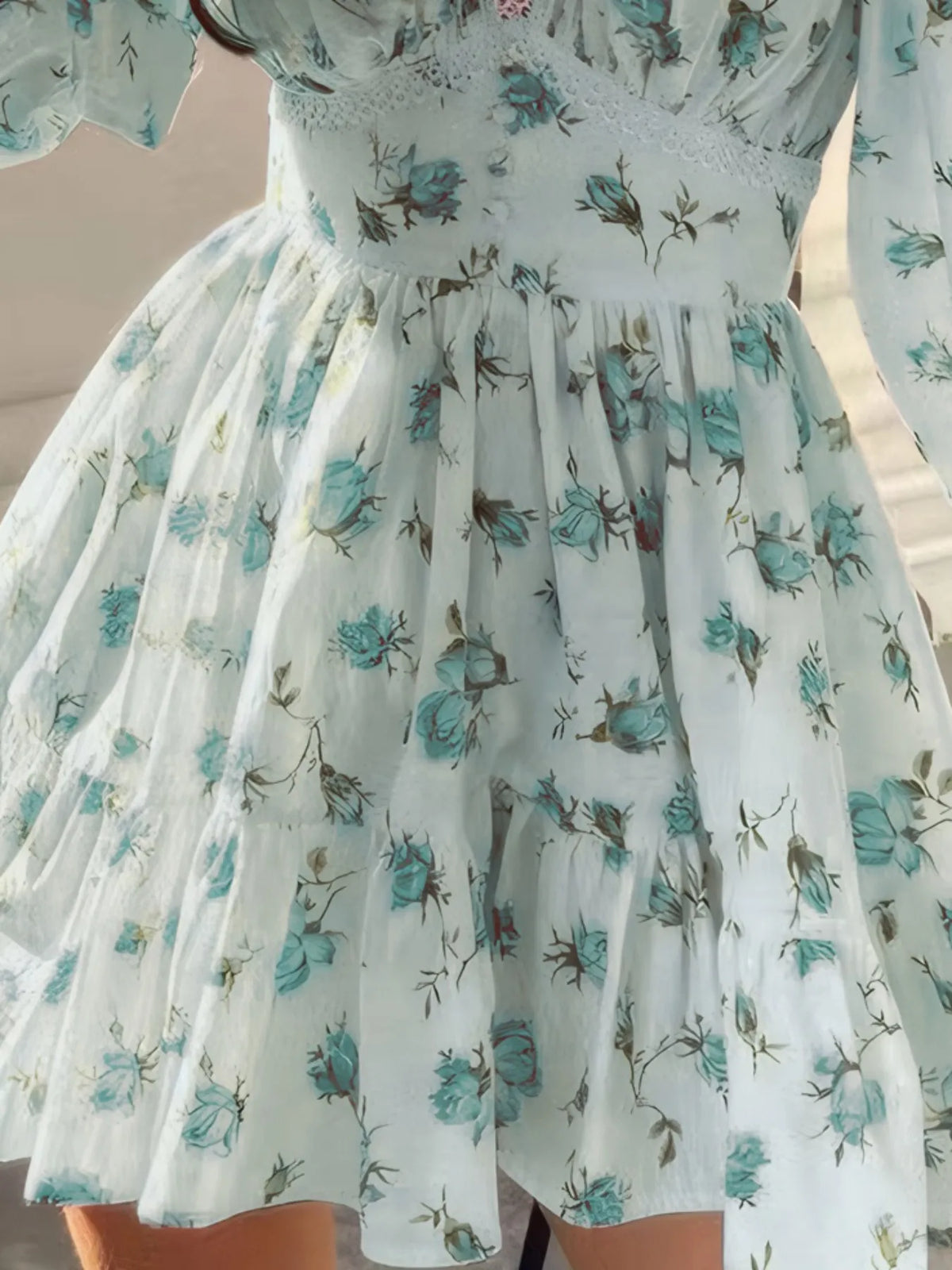 Full Size Floral Print Lace Detail V-Neck Mini Dress Plus SIze