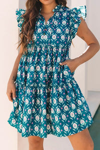 Printed Tie Neck Ruffled Cap Sleeve Dress