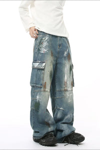 Waste Soil Style Jeans with Cargo Pockets