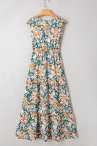 Floral Print Trimmed V Neck Tie Waist Sleeveless Dress