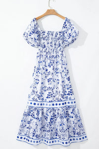 Smocked Printed Square Neck Puff Sleeve Dress