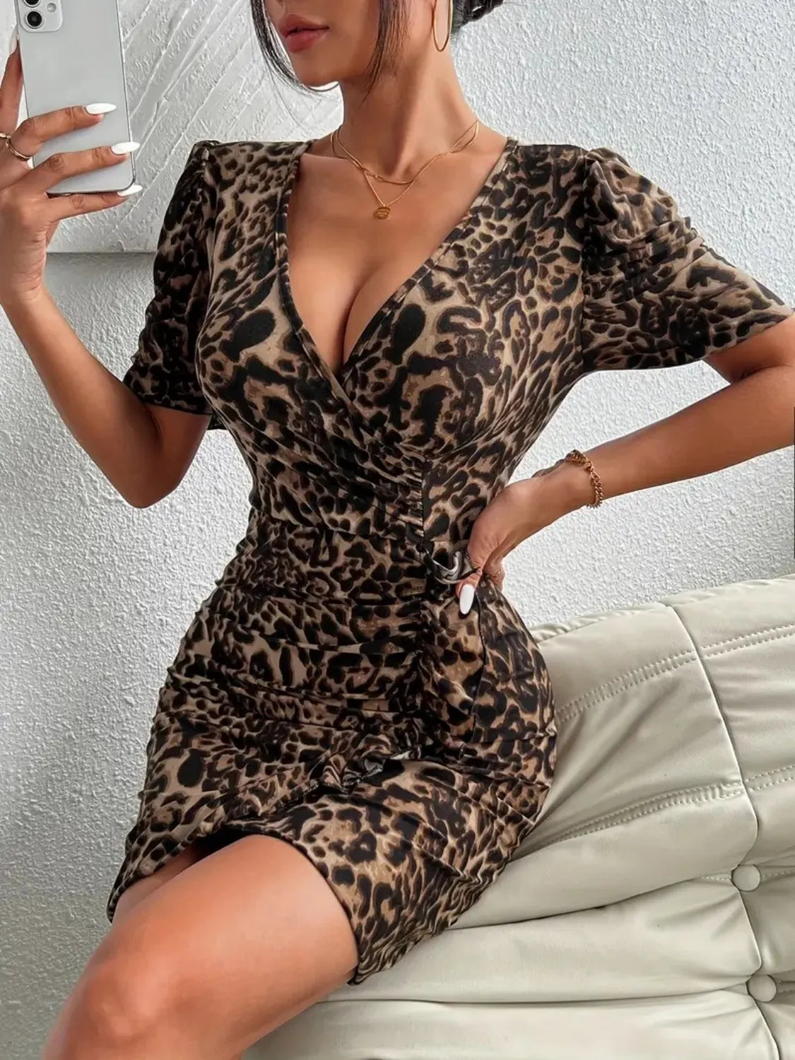 Ruffled Leopard Short Sleeve Mini Dress