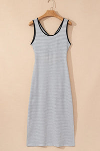 Stripe Crisscross Side Slits Slim Fit Sleeveless Midi Dress