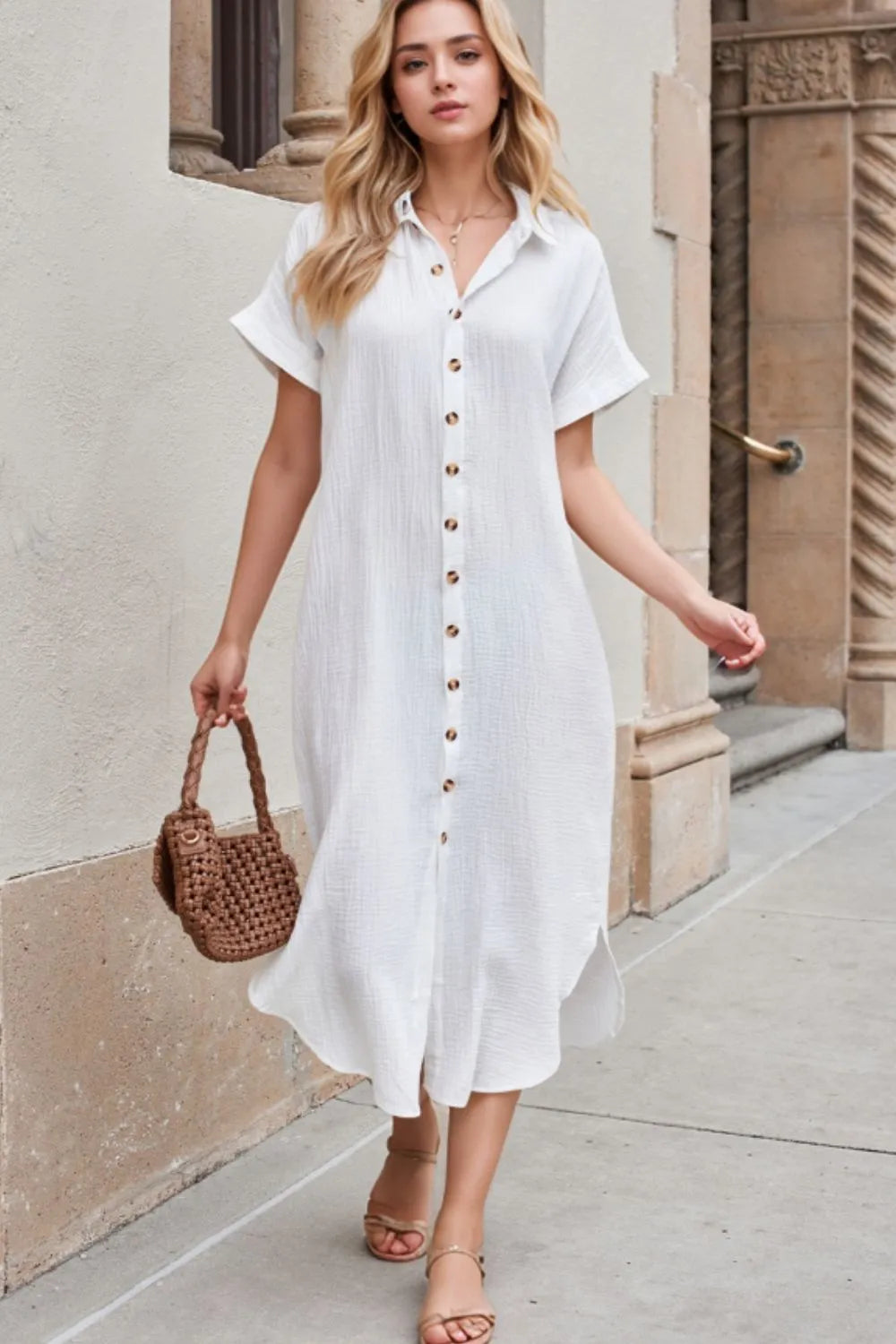 Button Down Short Sleeve Midi Shirt Dress