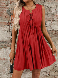 Tied Front Pleated Sleeveless Mini Dress