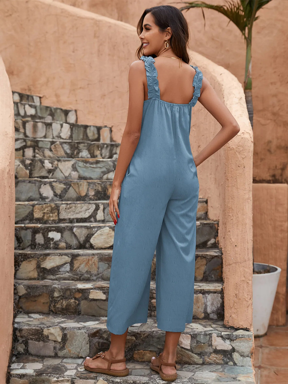 Wide Leg Ruffle Strap Jumpsuit