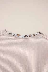 Leopard Trim Round Neck Ribbed T-Shirt