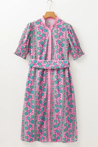 Printed Shirred Sleeve Buttoned Front Midi Dress with Sash