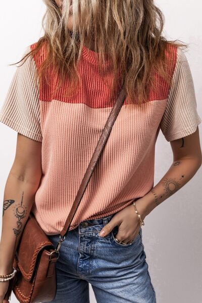 Color Block Round Neck Short Sleeve T-Shirt