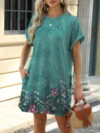 Printed Round Neck Short Sleeve Mini Dress