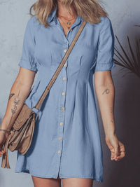 Denim Pleated Slim Waist Short Sleeve Shirt Dress