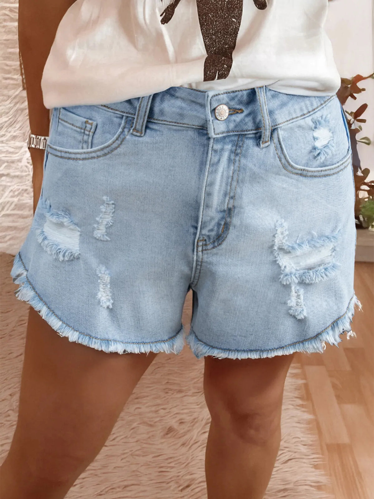 High Rise Distressed Raw Hem Denim Shorts