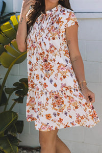 Printed Tie Neck Cap Sleeve Mini Dress