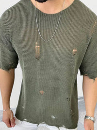 Men's Distressed Round Neck Knit Top