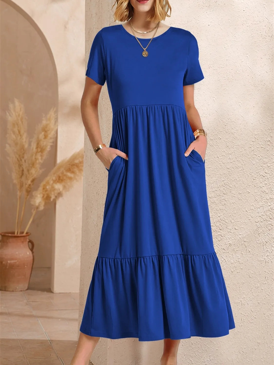 Round Neck Short Sleeve Dress with Pockets