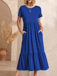 Round Neck Short Sleeve Dress with Pockets