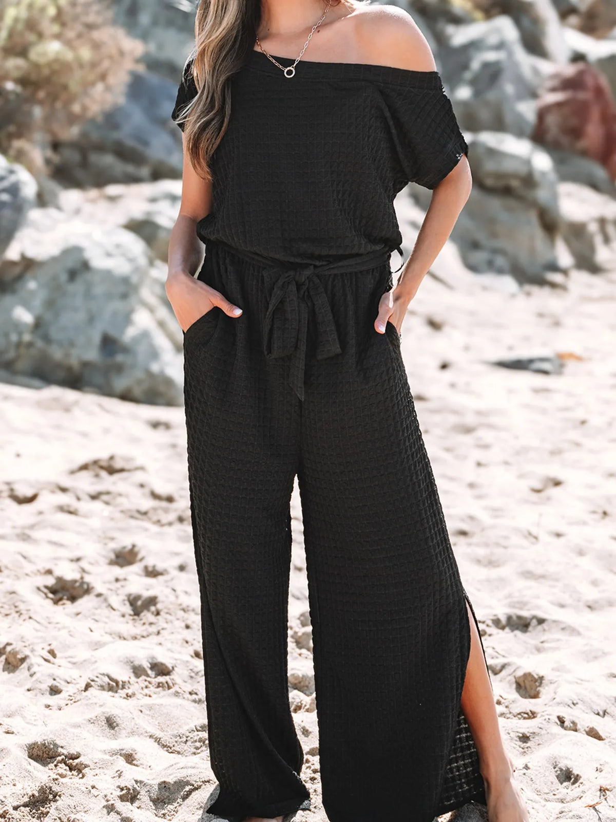 One Shoulder Short Sleeve Knotted Waist Jumpsuit