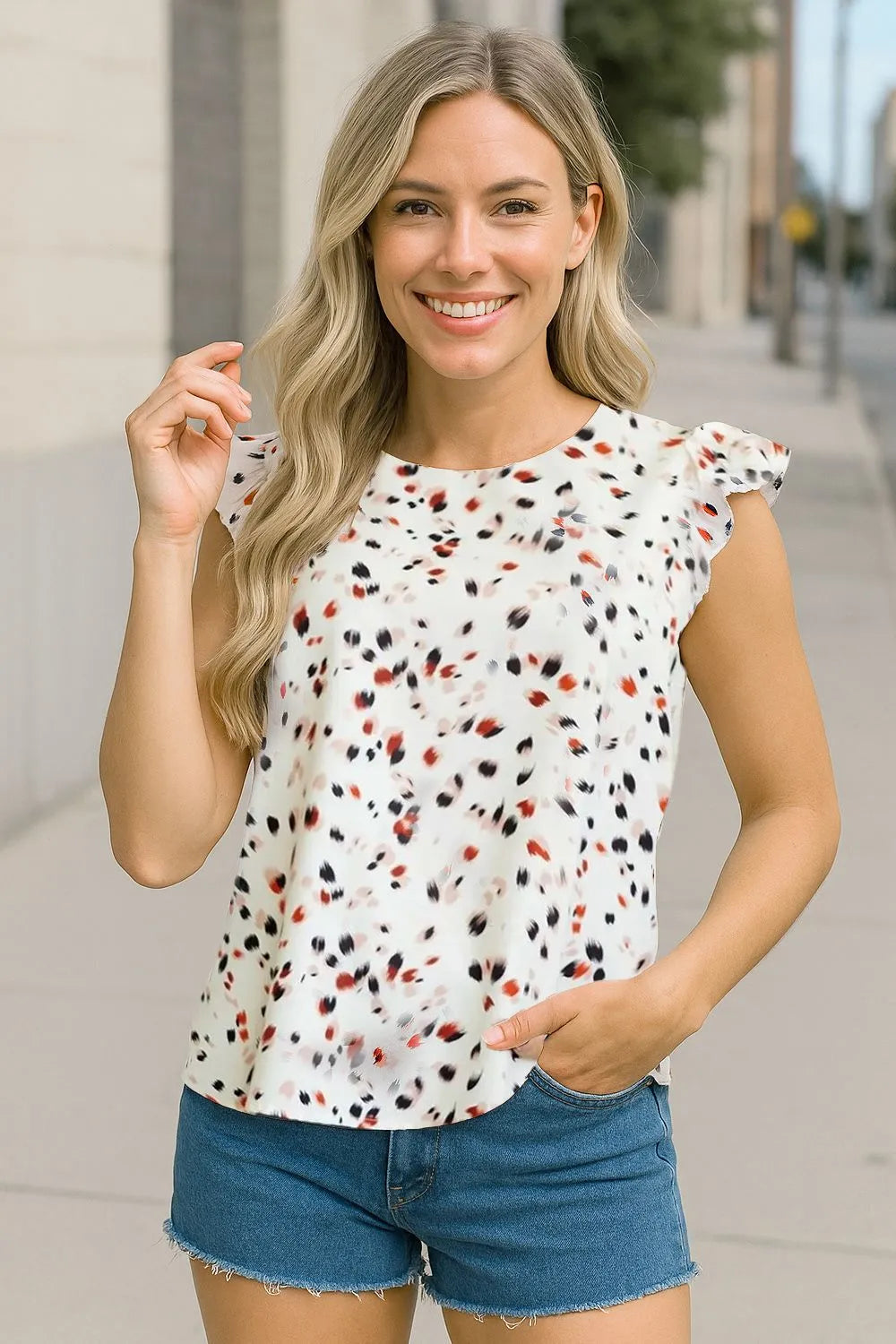 Abstract Print Ruffle Flutter Sleeve Keyhole Back Slim Blouse