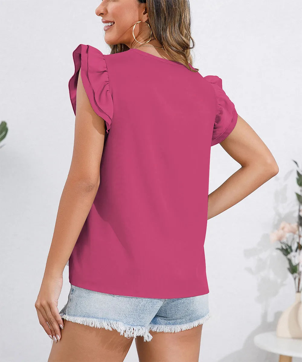 Ruffle Cap Sleeve Round Neck Blouse