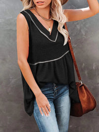 V-Neck Contrast Trim Waffle Knit Tank Top