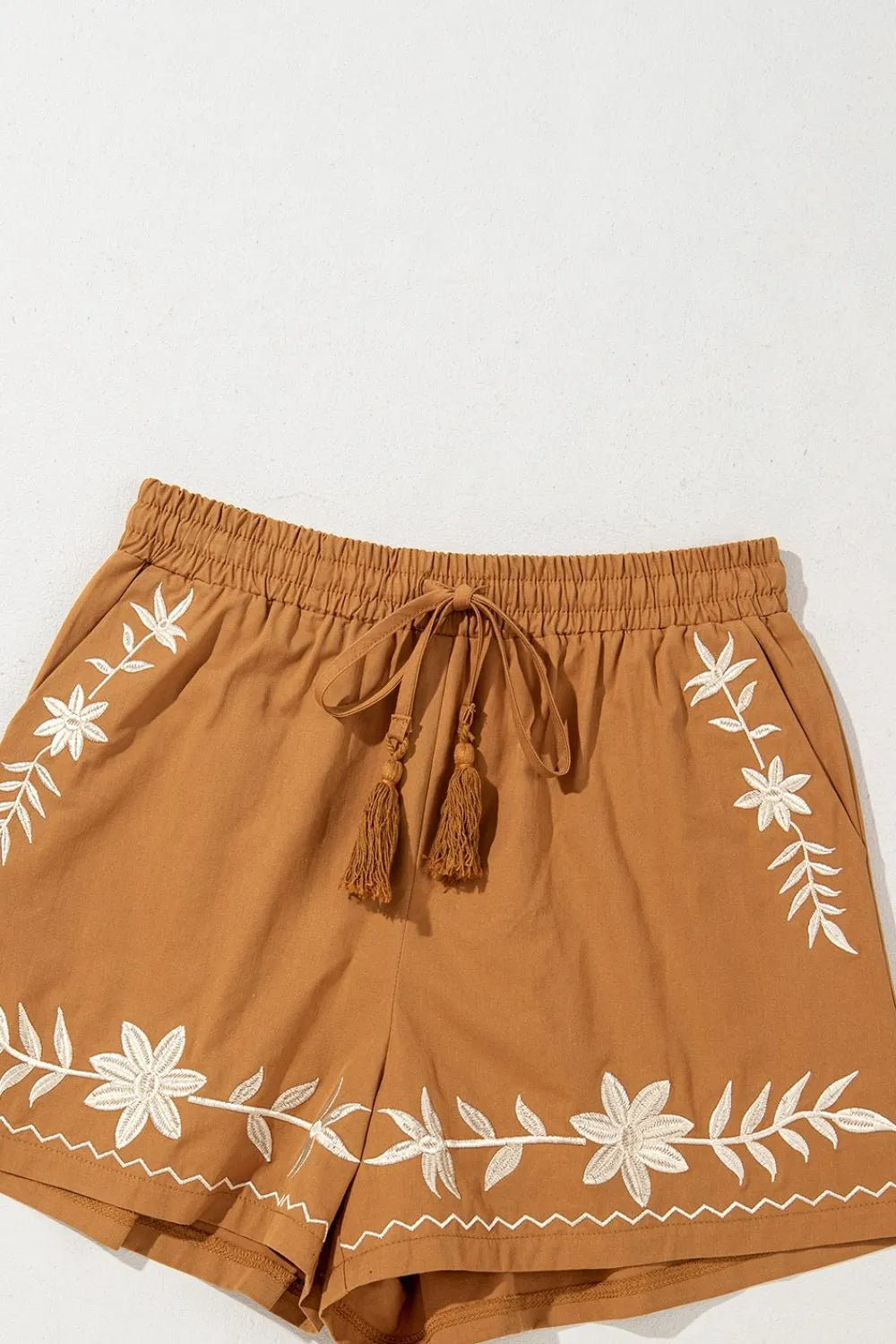 Embroidered Boho Tasseled Drawstring Elastic Waist Casual Shorts