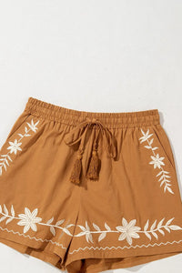 Embroidered Boho Tasseled Drawstring Elastic Waist Casual Shorts