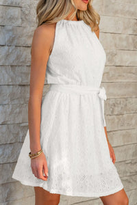 Lace Sleeveless Tied Waist Mini Dress