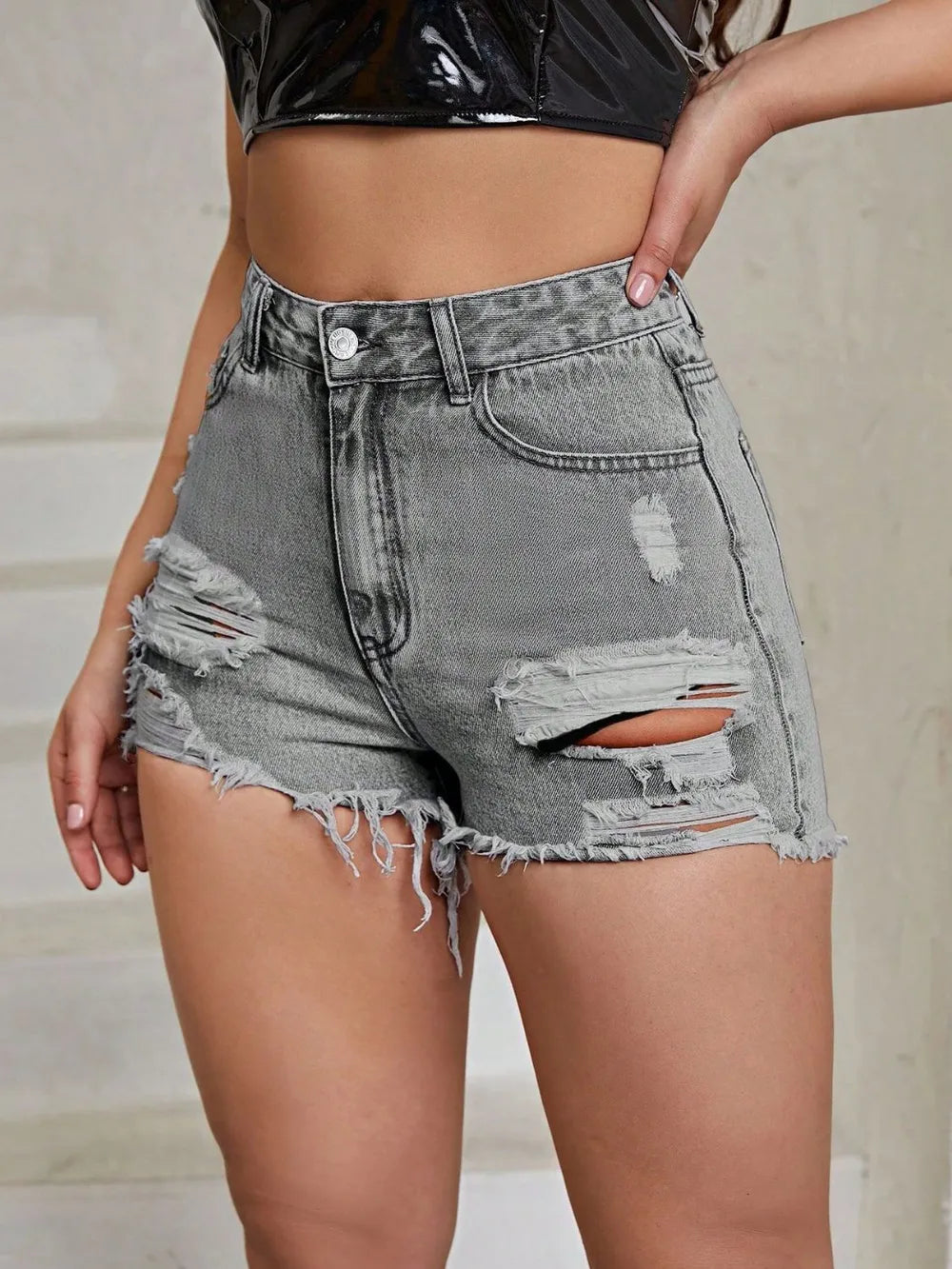Distressed Raw Hem High Rise Denim Shorts