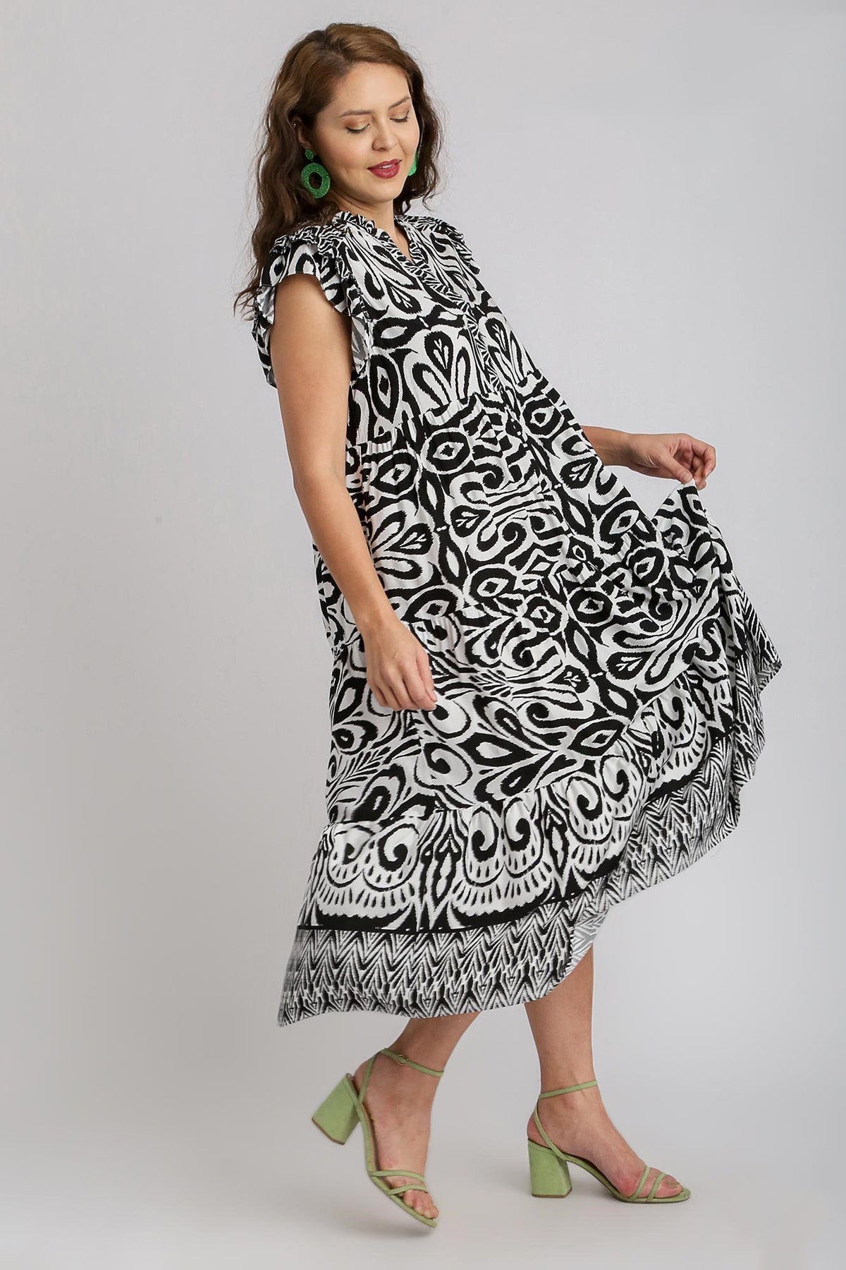 Umgee Full Size Two Tone Border Print Ruffle Cap Sleeve Midi Dress Plus Size