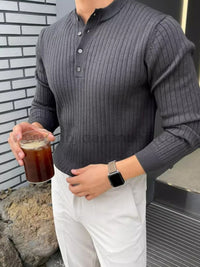 Button Detail Ribbed Long Sleeve Men's Knit Top