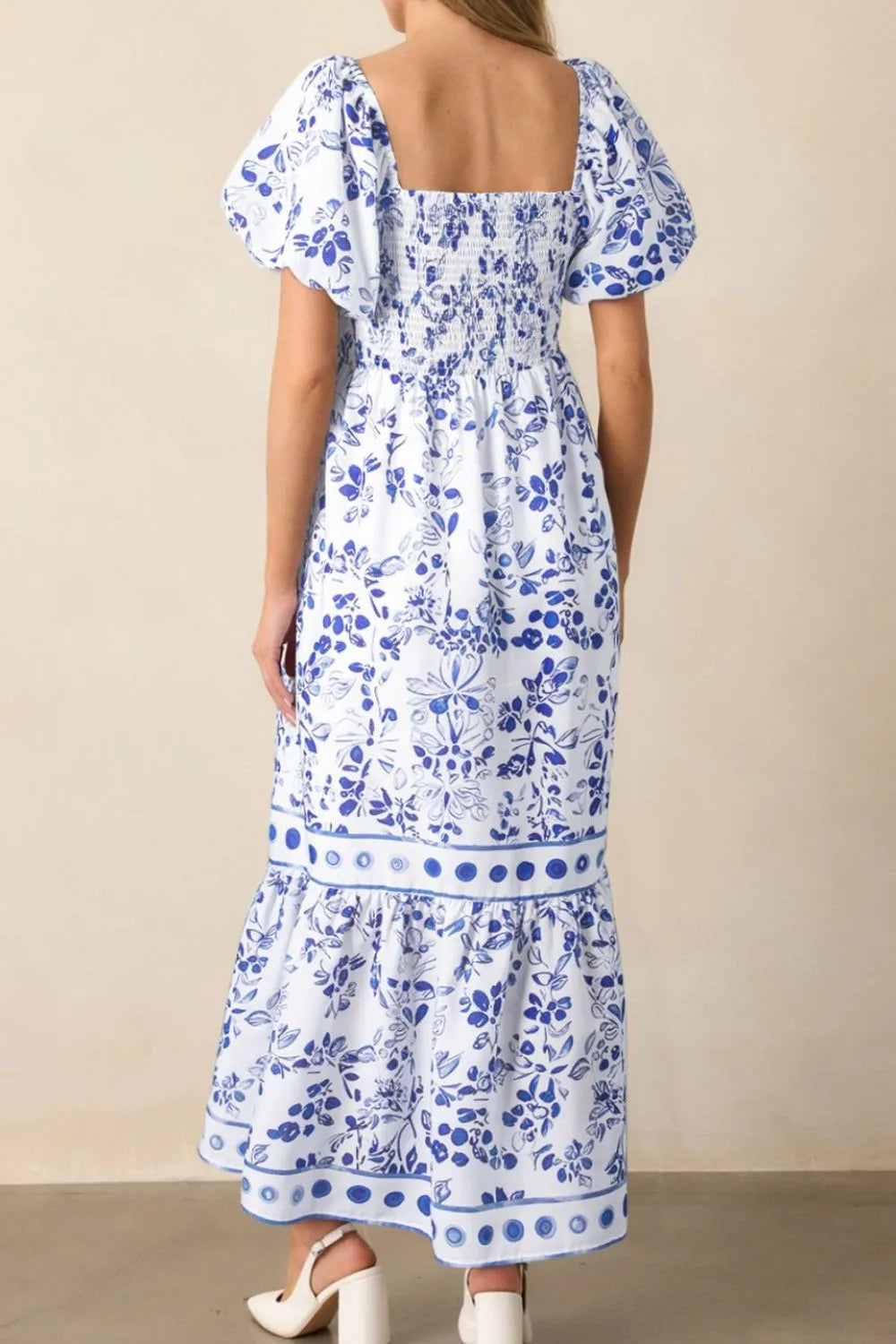 Smocked Printed Square Neck Puff Sleeve Dress