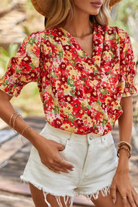 Floral Print Puff Sleeve Surplice Blouse